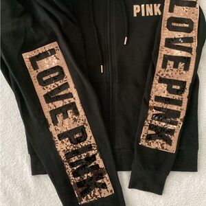Victoria’s Secret LOVE PINK BLING Rose Gold Hoodie Jacket Skinny Fit Joggers NWT